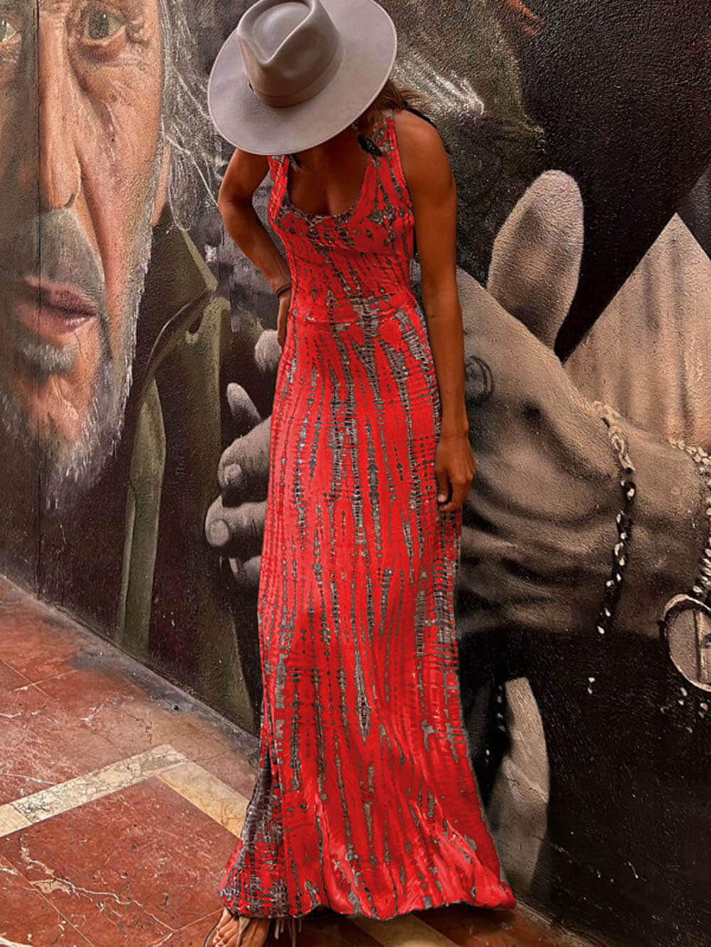 Tie - dye Print Back Lace - up Stretch Maxi Dress - View 5