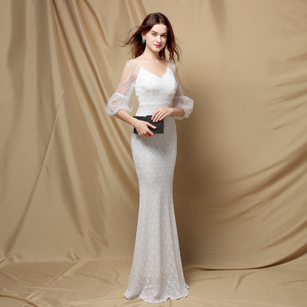 Sequin V-Neck Sheer Puff Sleeve Mermaid Maxi Gown 2