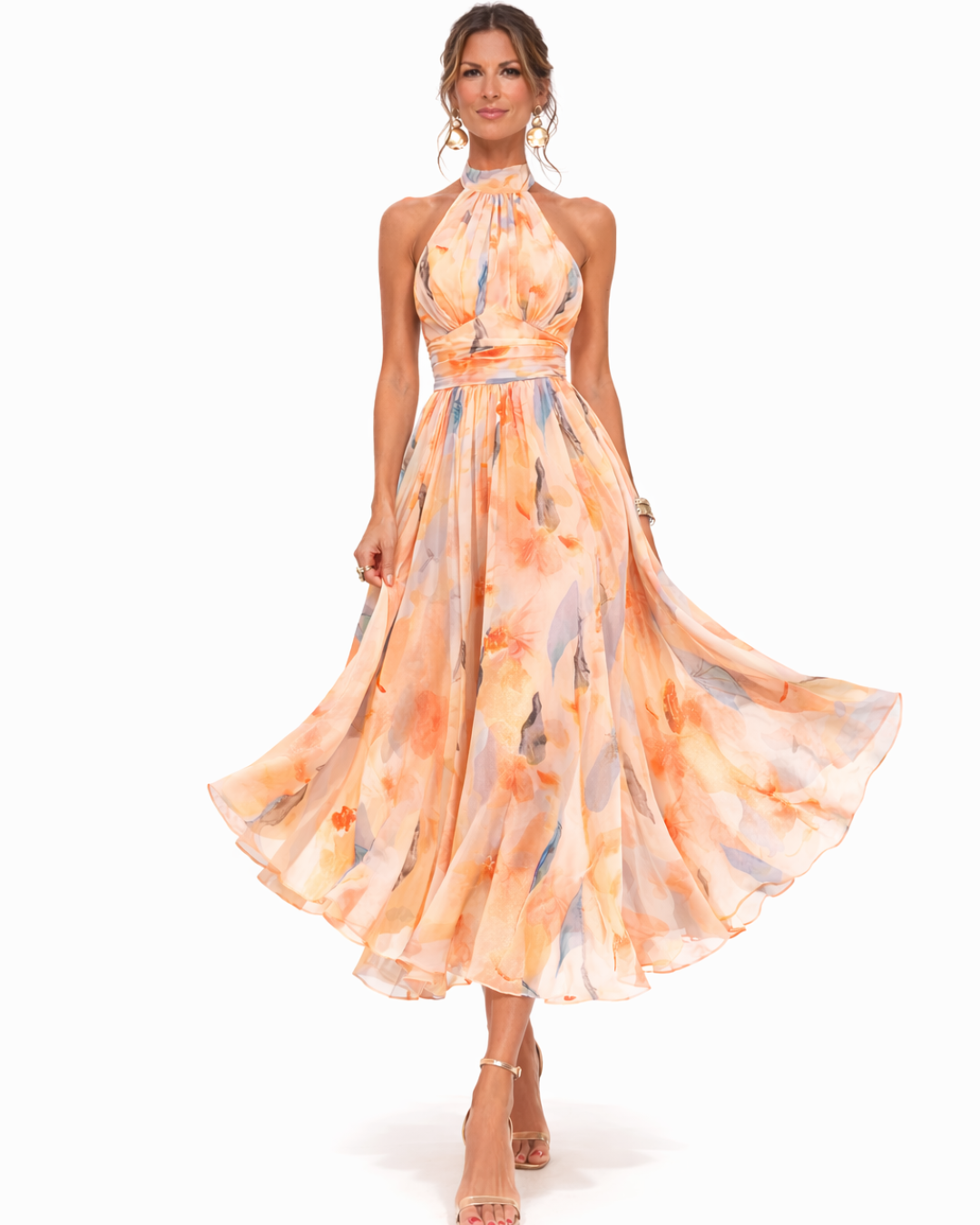 Floral Print Halter Neck Ruched Waist Pocket A-Line Maxi Dress 3
