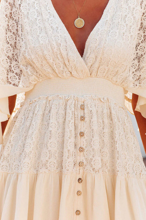 Floral Lace V-Neck Flutter Sleeve Button Front Tiered Mini Dress 23