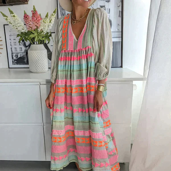 Geometric Print Deep V-Neck Balloon Sleeve Maxi Dress