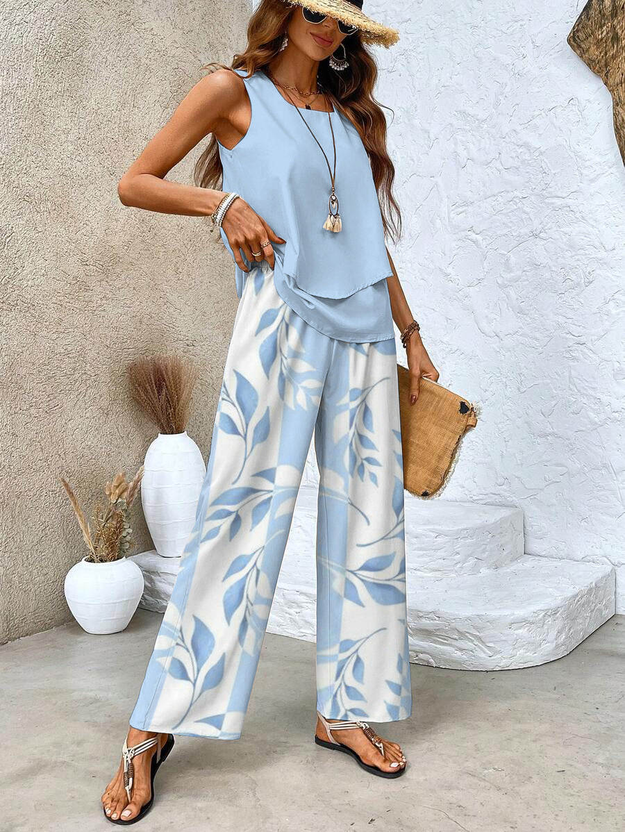 Sleeveless Layered Top and Leaf Print Wide Leg Pants Two Piece Set 2