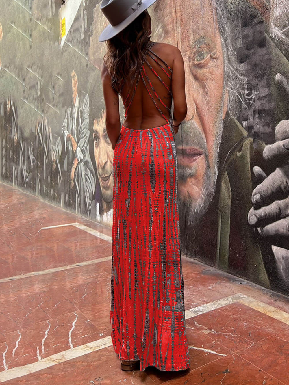 Tie - dye Print Back Lace - up Stretch Maxi Dress - View 6