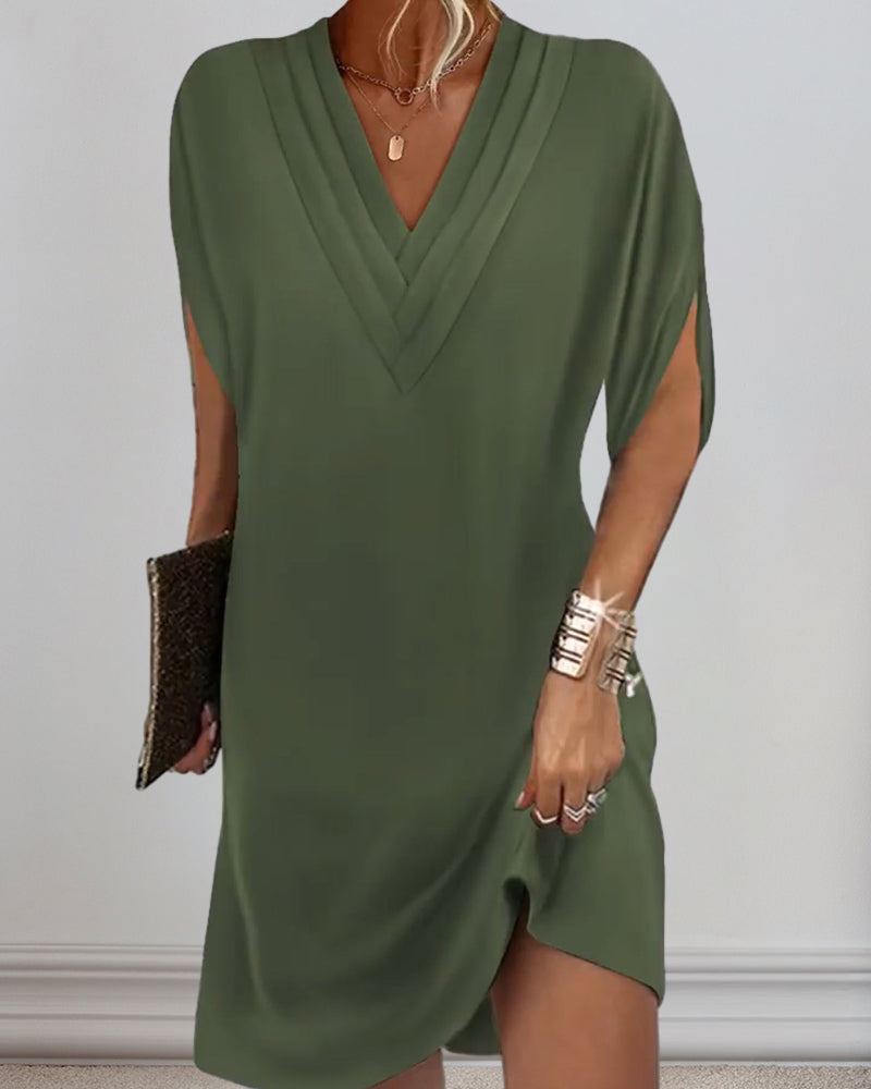 Pleated Deep V-Neck Cut Out Sleeve Dolman Loose Shift Mini Dress - View 3