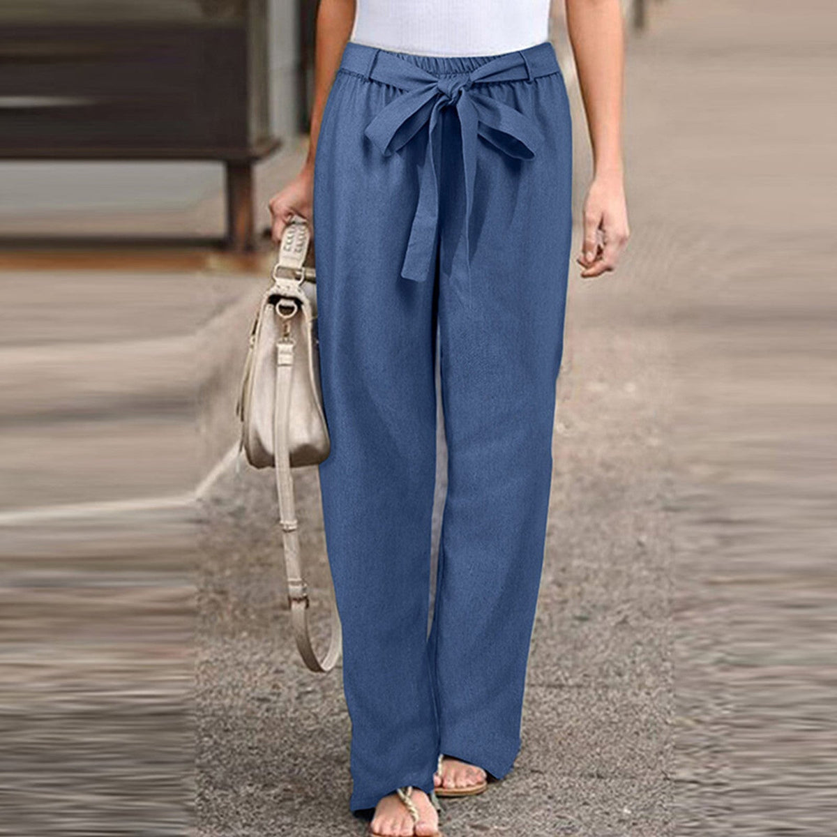 Tie Waist High Waist Wide Leg Linen Look Pants 4