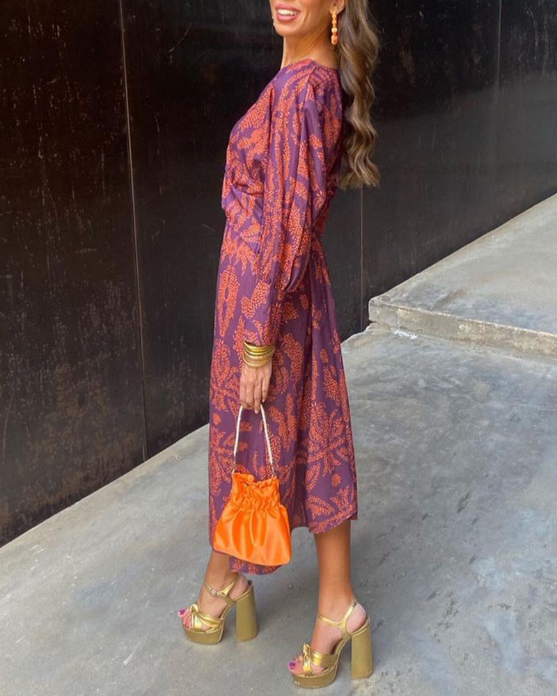 Floral Print V-Neck Long Sleeve Twist Front Midi Dress 5