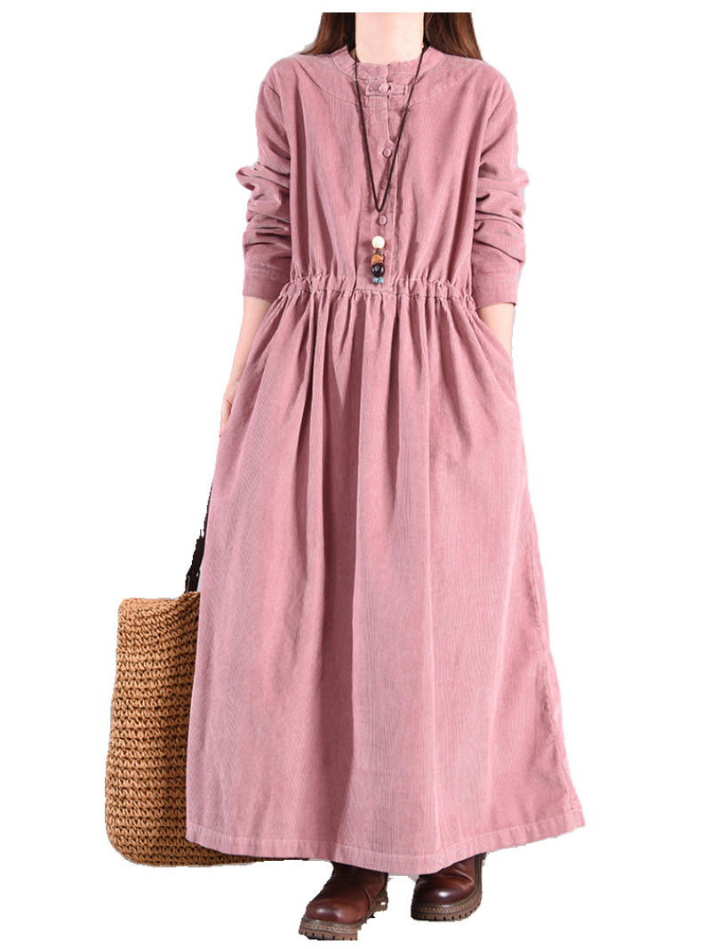 Corduroy Round Neck Button Front Long Sleeve A-Line Maxi Dress - View 2