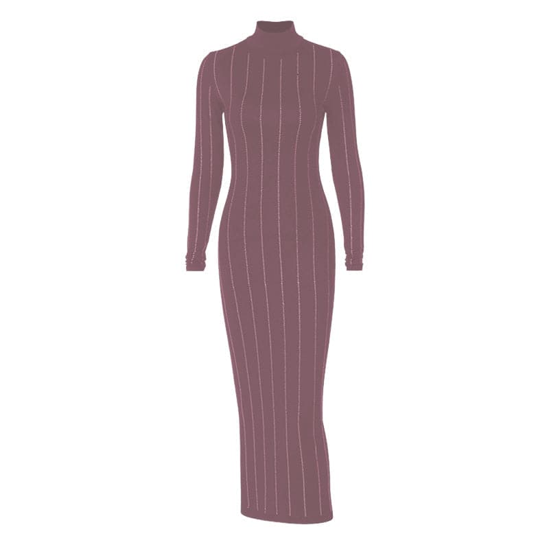 Long sleeve high neck beaded solid midi dress - View 3