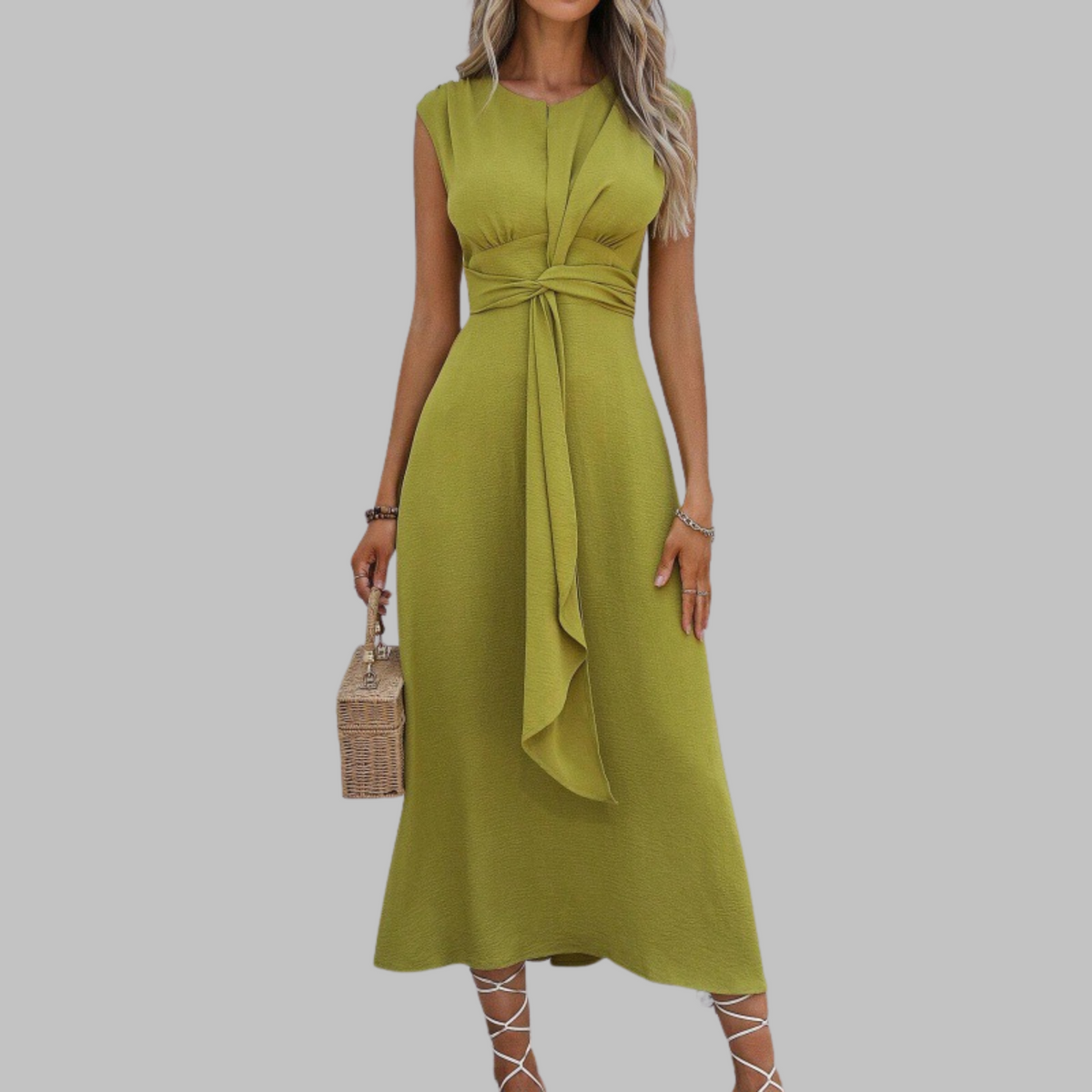 Sleeveless Round Neck Tie Waist A-Line Midi Dress 2