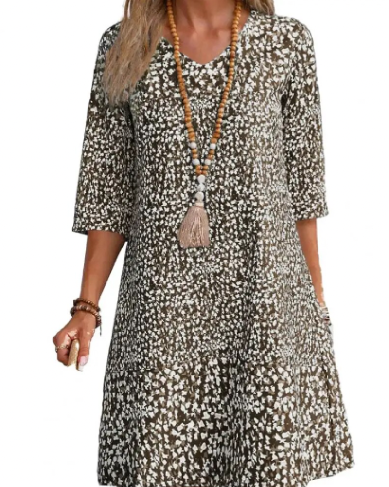 Abstract Print V-Neck Three Quarter Sleeve Tiered Shift Mini Dress - View 4