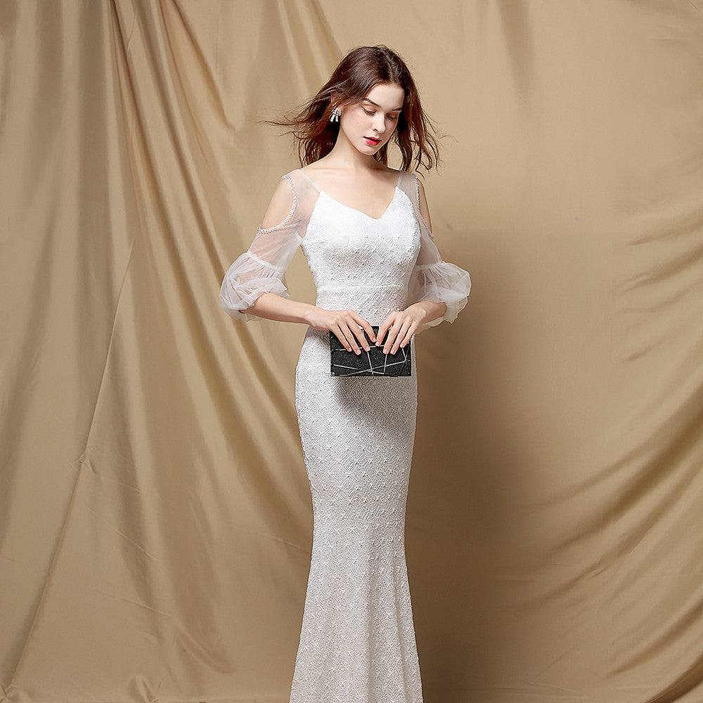Sequin V-Neck Sheer Puff Sleeve Mermaid Maxi Gown 3