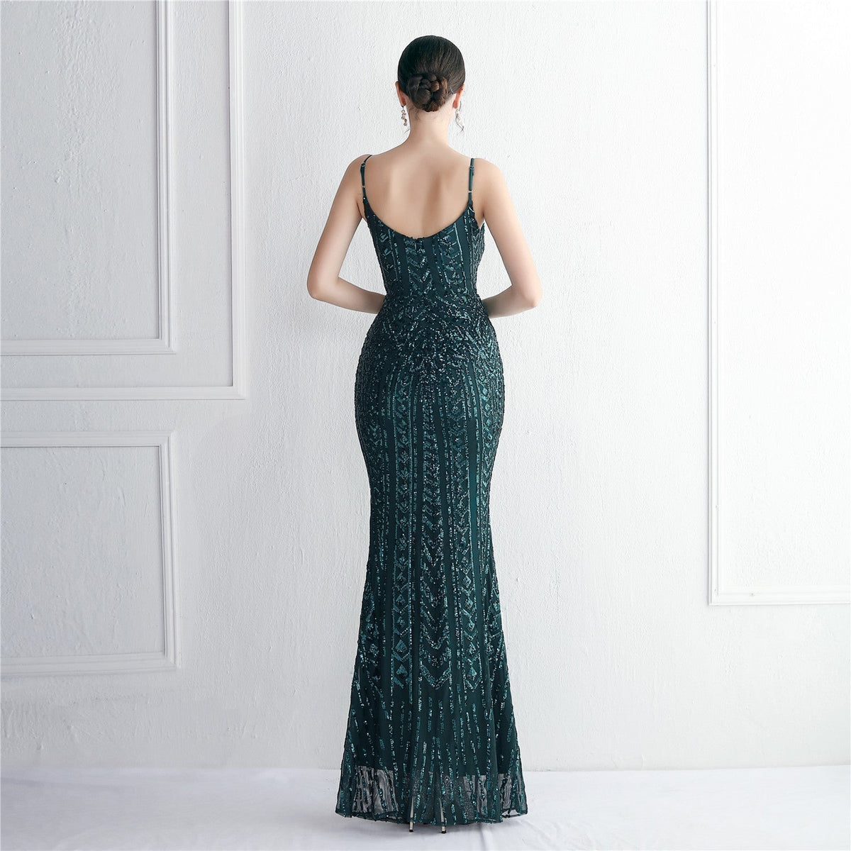 Sequin Geometric Spaghetti Strap V-Neck Mermaid Maxi Gown 18