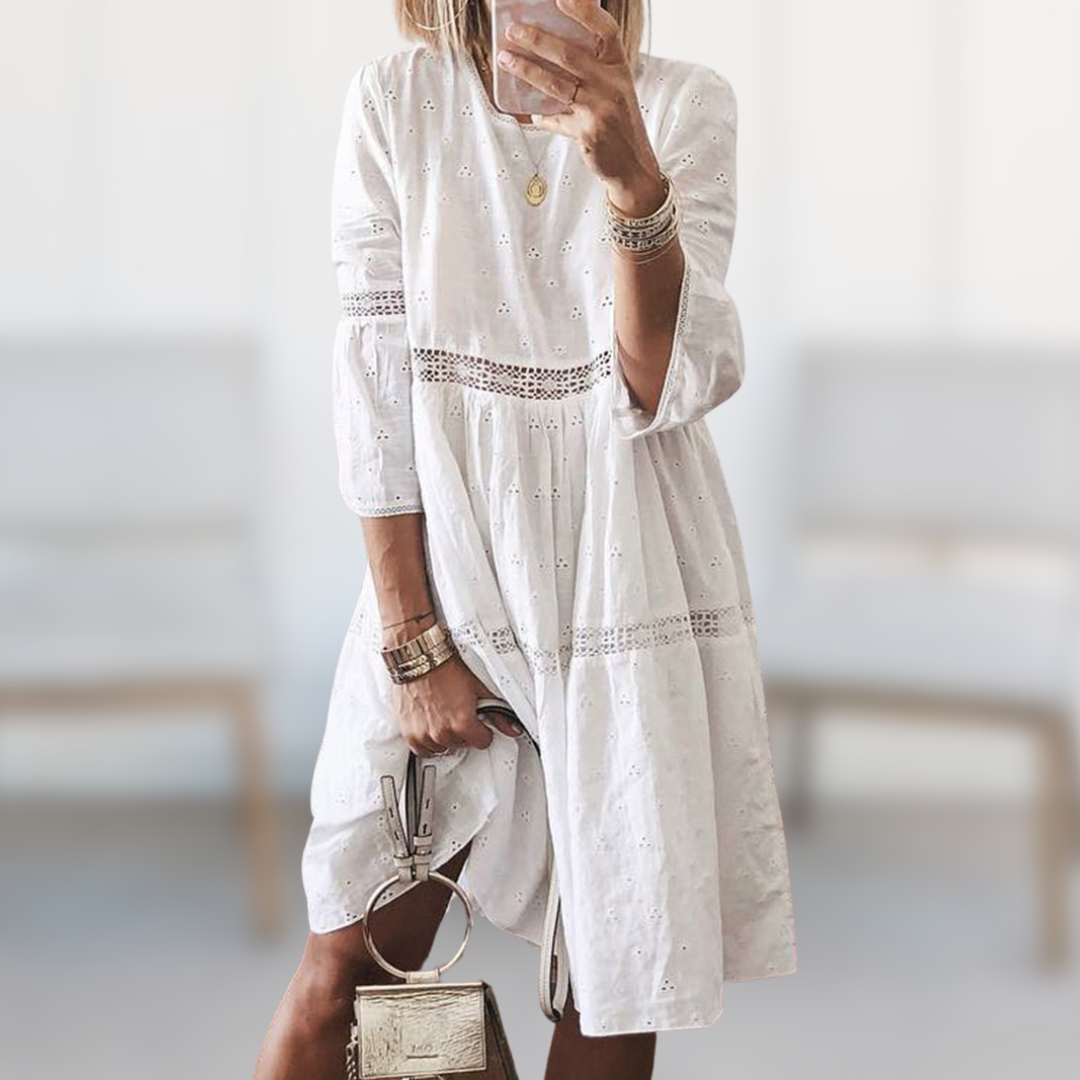 Eyelet Round Neck Tiered Babydoll Mini Dress 3