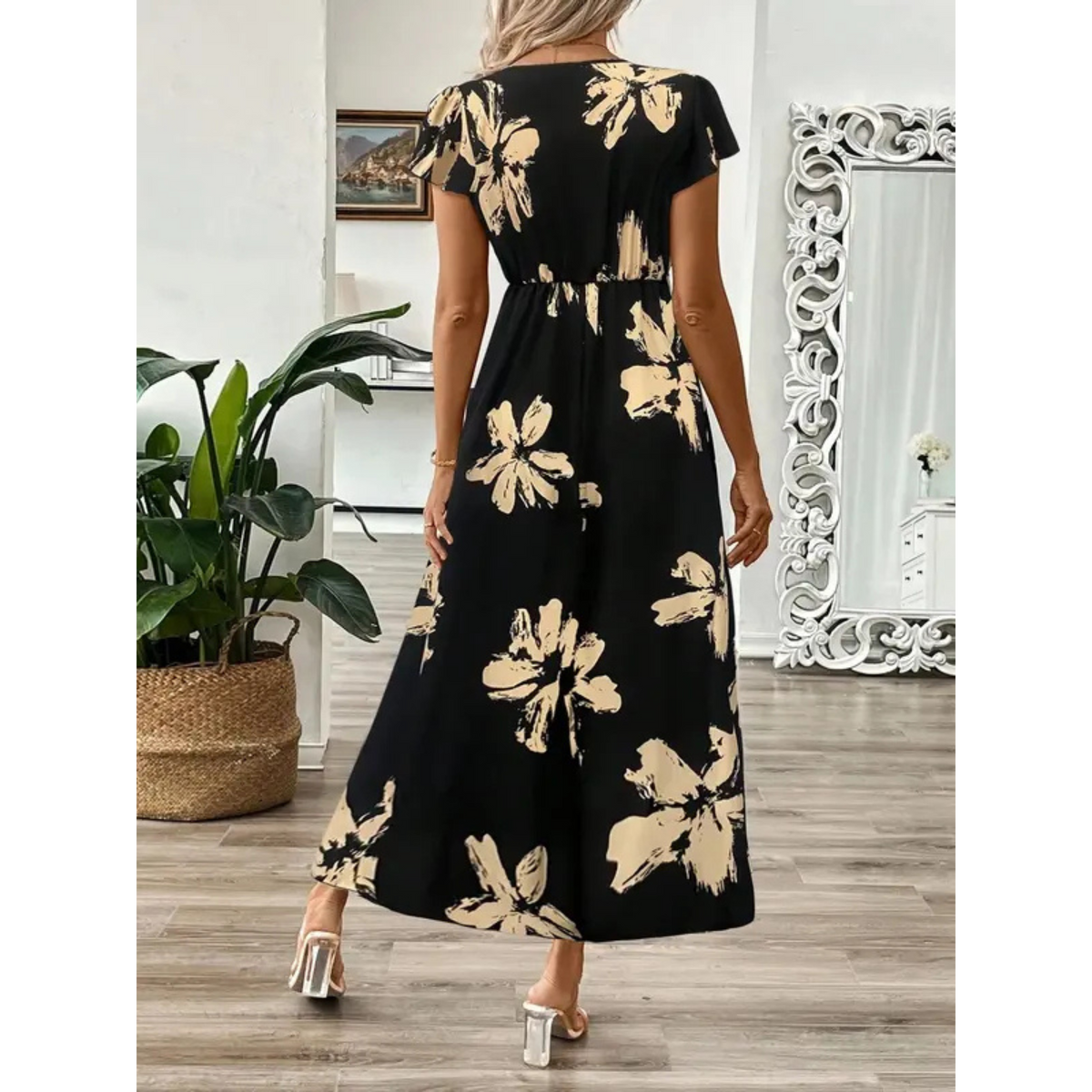 Floral Print V-Neck Cap Sleeve Fit and Flare Maxi Dress 2