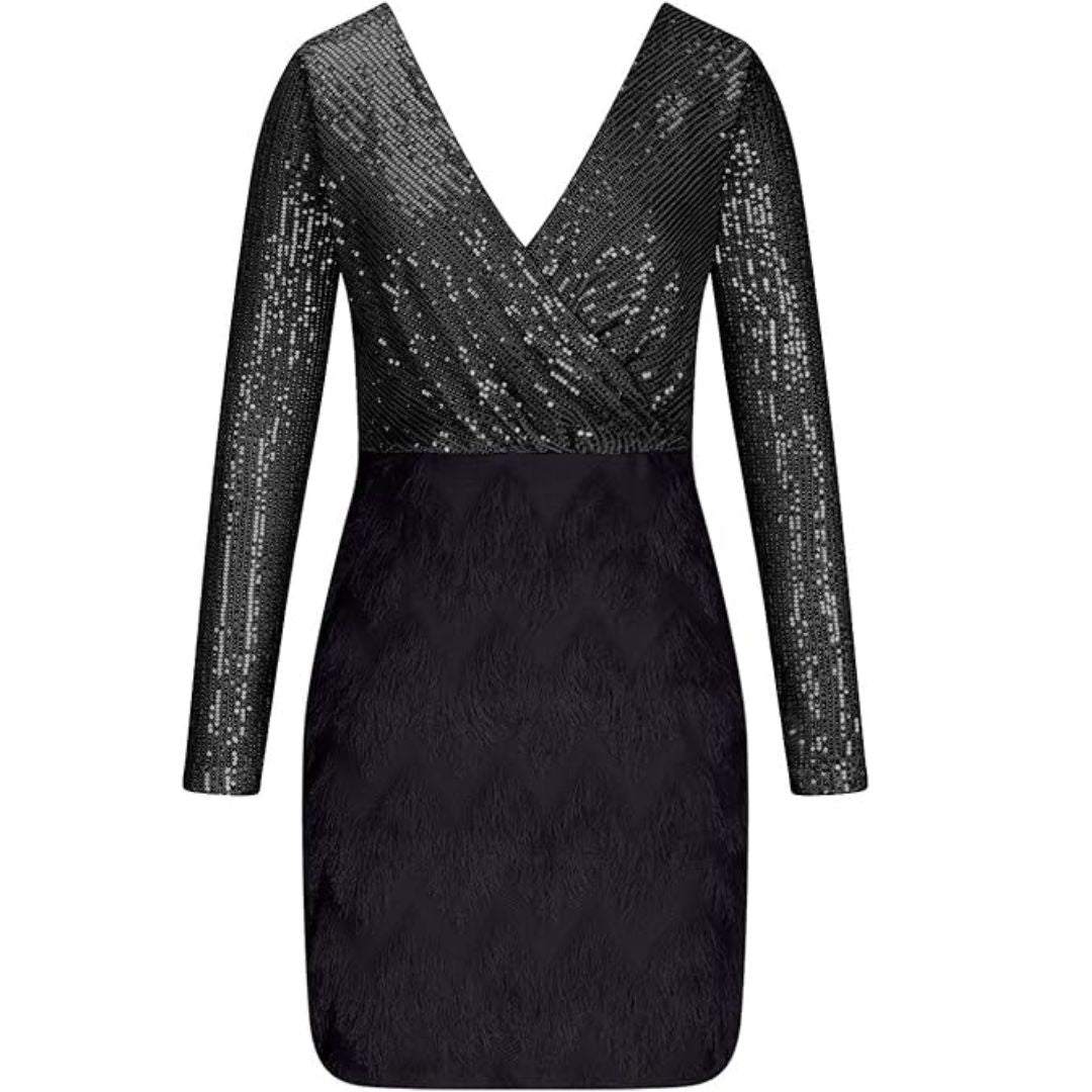 Sequin Wrap Deep V-Neck Long Sleeve Faux Cocktail Mini Dress - View 12