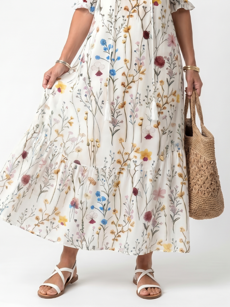 Botanical Floral V-Neck Ruffle Sleeve Tiered Maxi Dress 3