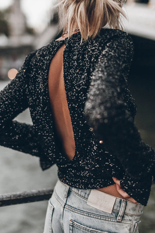 Sequin Round Neck Long Sleeve Mini Party Dress - View 9