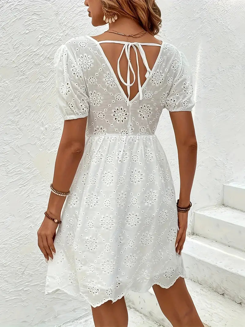 Eyelet Lace V-Back Tie Puff Sleeve Fit and Flare Mini Dress