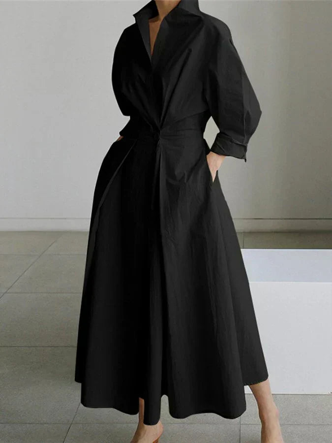 Lapel Collar Lantern Sleeve Pleated A-Line Pocket Midi Shirt Dress - View 3