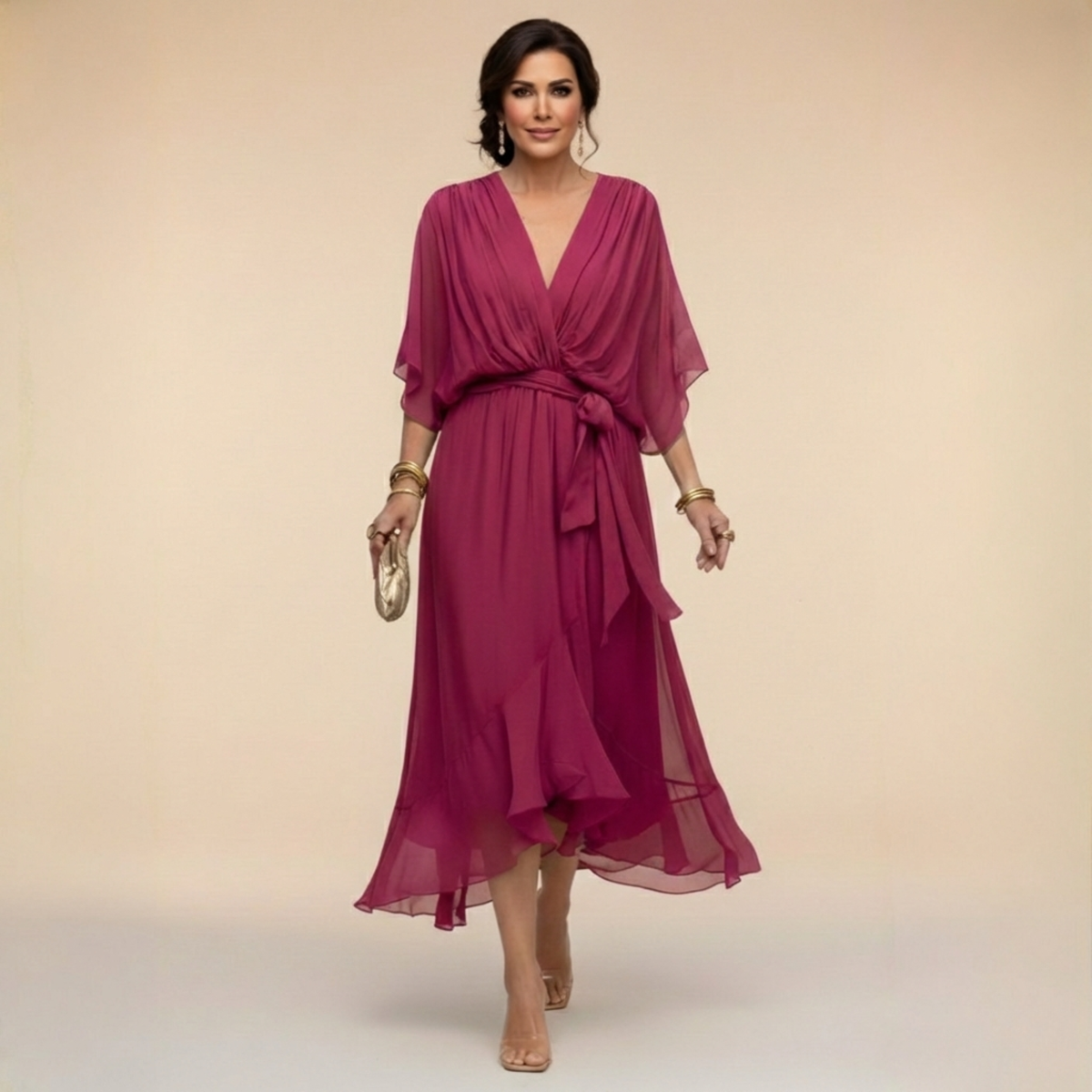 Deep V-Neck Flutter Sleeve Wrap Tie Ruffle Hem Chiffon Midi Dress 6