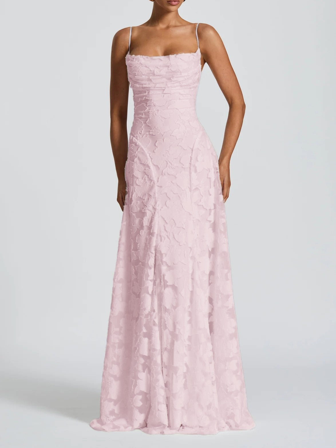 Floral Applique Spaghetti Strap Sleeveless A-Line Maxi Dress - View 9