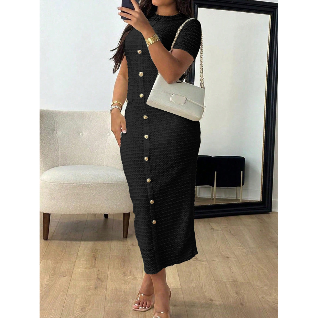 Crew Neck Short Sleeve Button Front Textured Bodycon Midi Dress 2