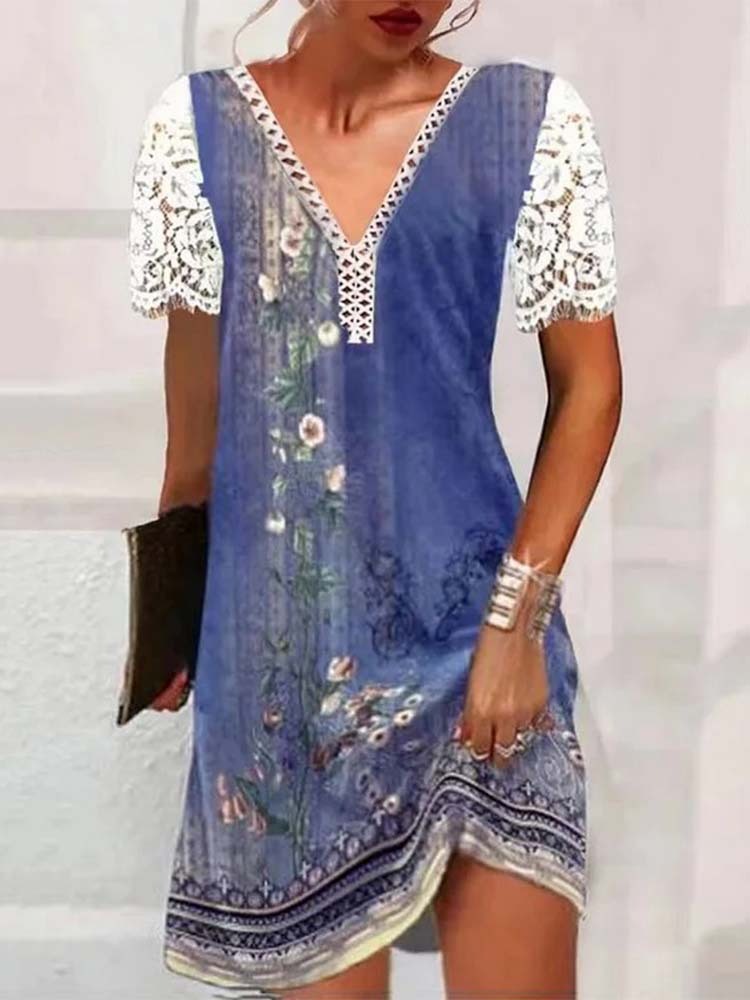 Lace Patchwork V-Neck Short Sleeve Mini Dress - View 4