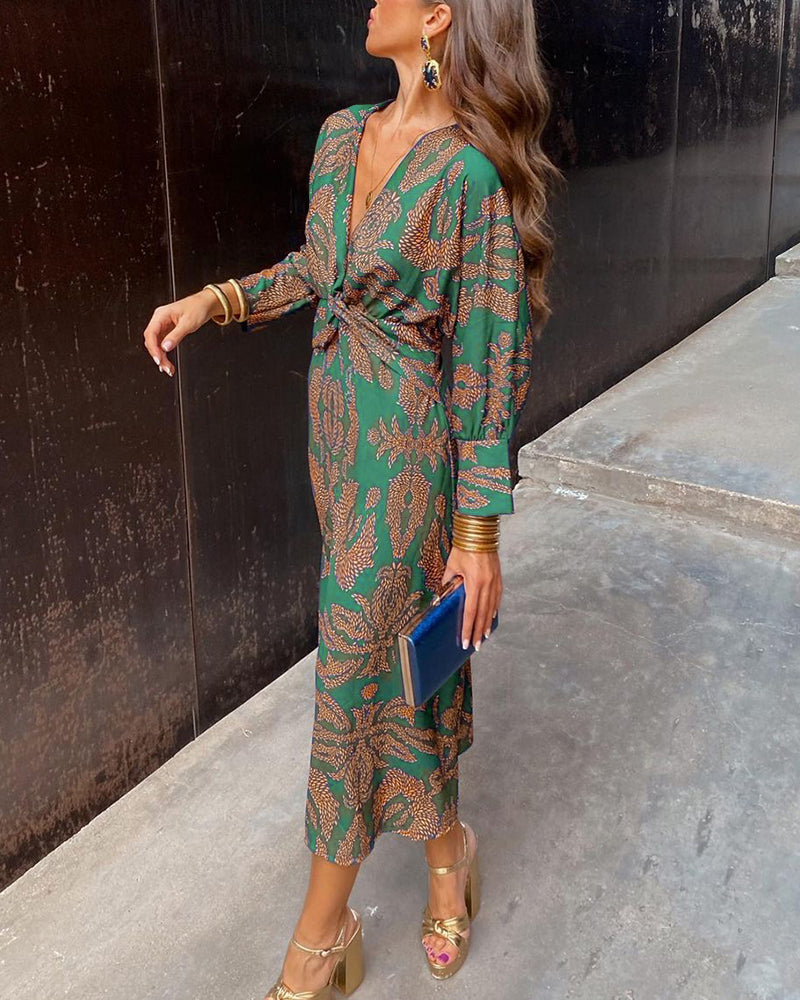 Floral Print V-Neck Long Sleeve Twist Front Midi Dress 7