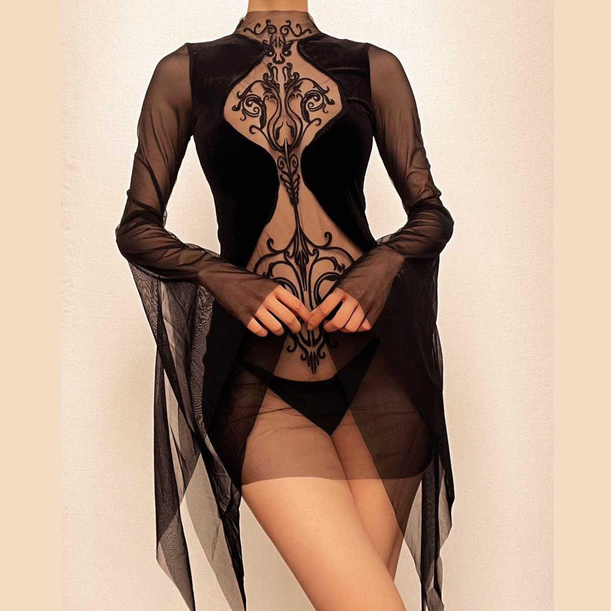 Mesh crewneck long sleeve see through embroidery mini dress - View 2