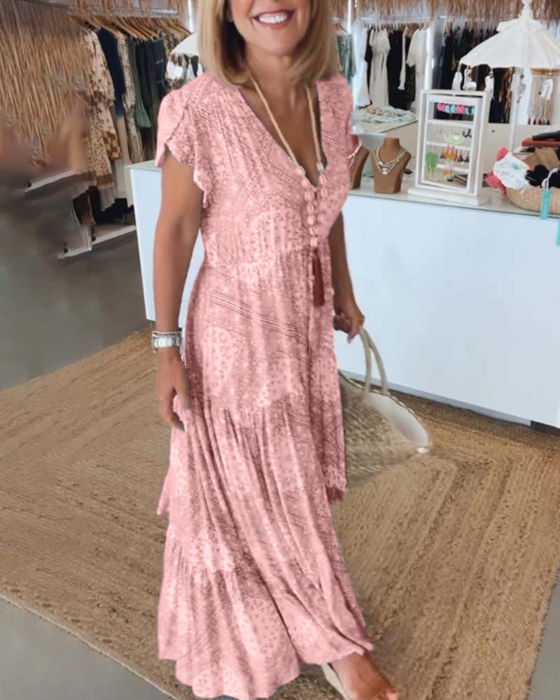 V-Neck Flutter Sleeve Buttoned Tiered Boho Maxi Dress - View 7