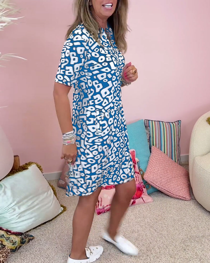 Geometric Print Short Sleeve Pocket Shift Mini Dress 10