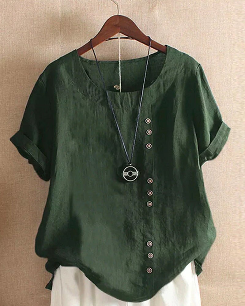 Button Front Round Neck Short Sleeve Blouse 5