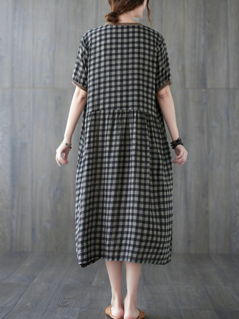 Gingham V-Neck Short Sleeve Drop Waist Pocket A-Line Midi Dress - View 2