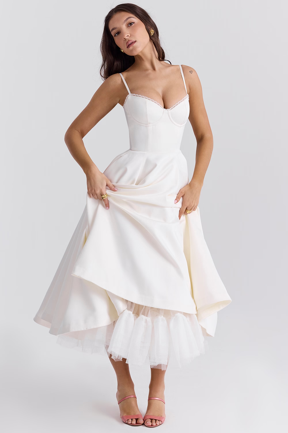 Spaghetti Strap Sweetheart Lace Trim Corset Midi Cocktail Dress - View 8