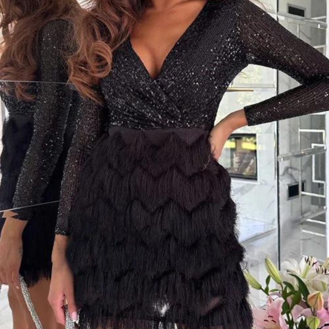 Sequin Wrap Deep V-Neck Long Sleeve Faux Cocktail Mini Dress - View 11
