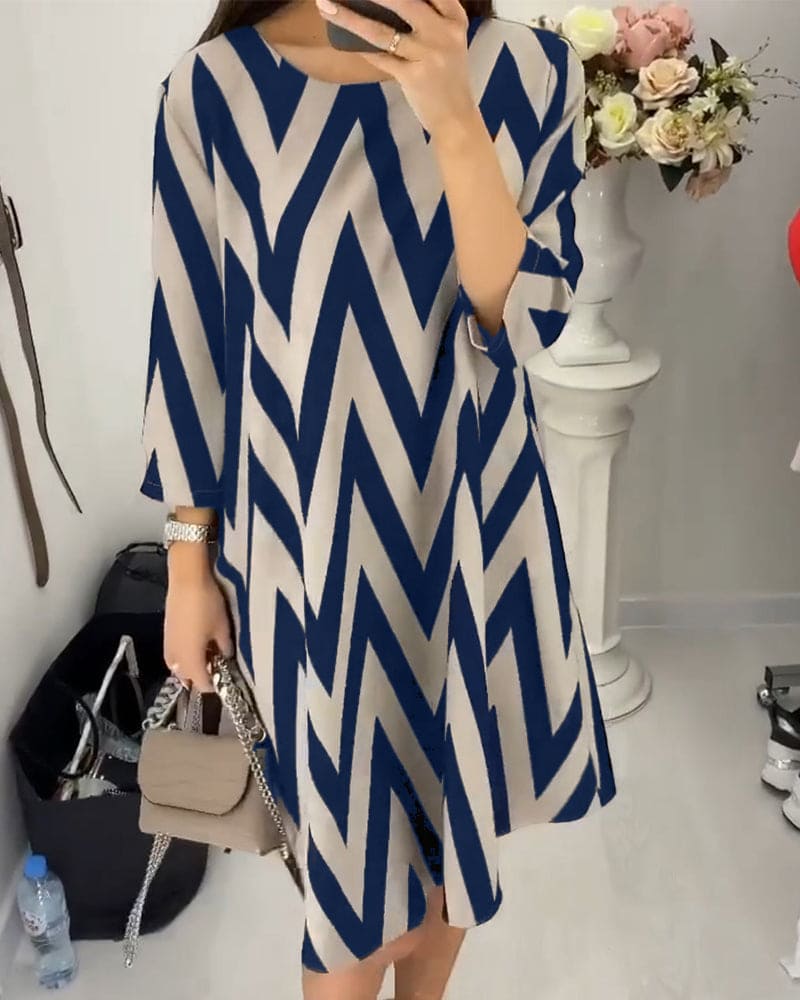 Chevron Print Crew Neck Elbow Sleeve Shift Mini Dress - View 6