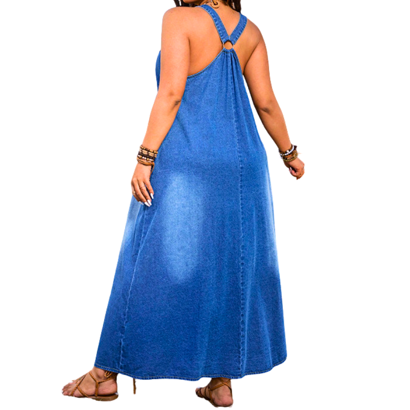 V-Neck Sleeveless Denim Maxi Dress 2