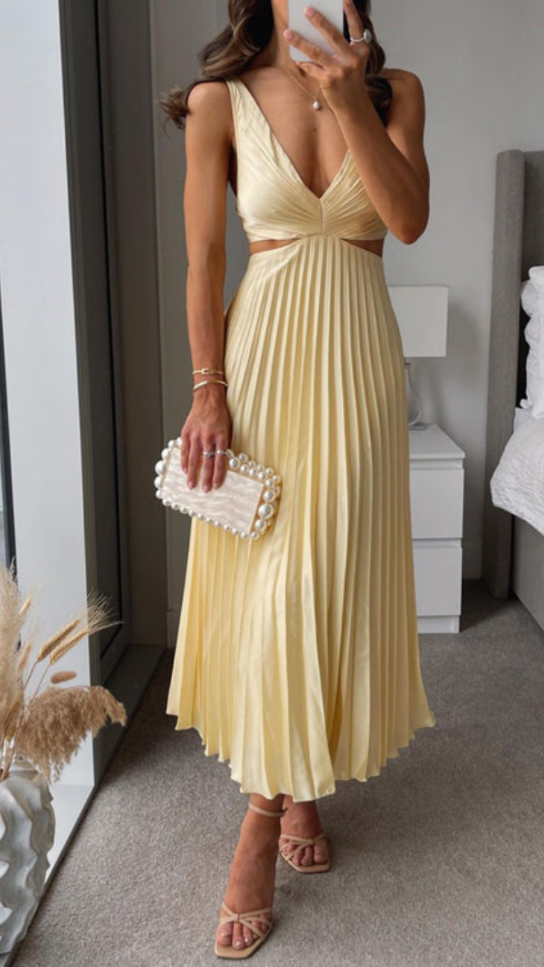 Deep V-Neck Cut Out Waist Ruched Pleated Satin Maxi Dress