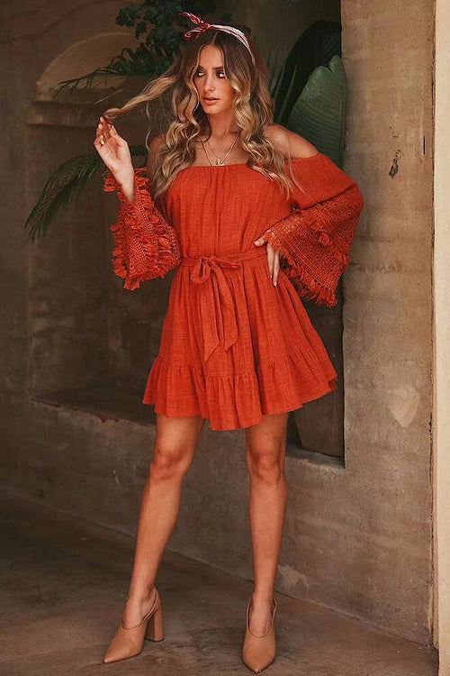 Off Shoulder Bell Sleeve Lace Trim Tie Waist Ruffle Mini Dress 12
