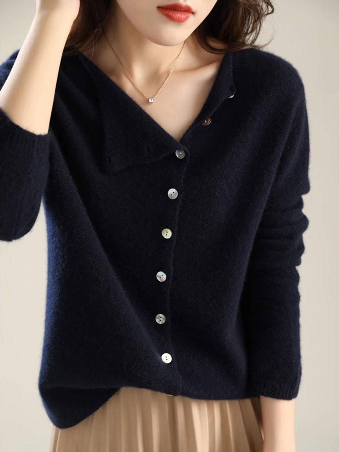 Foldover Collar Button Front Long Sleeve Knit Cardigan 12
