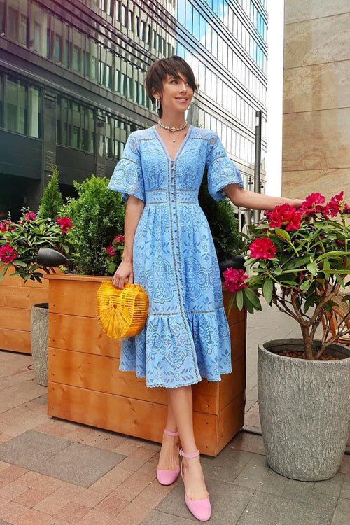 Crochet Lace V-Neck Short Sleeve Button Front Maxi Dress 5