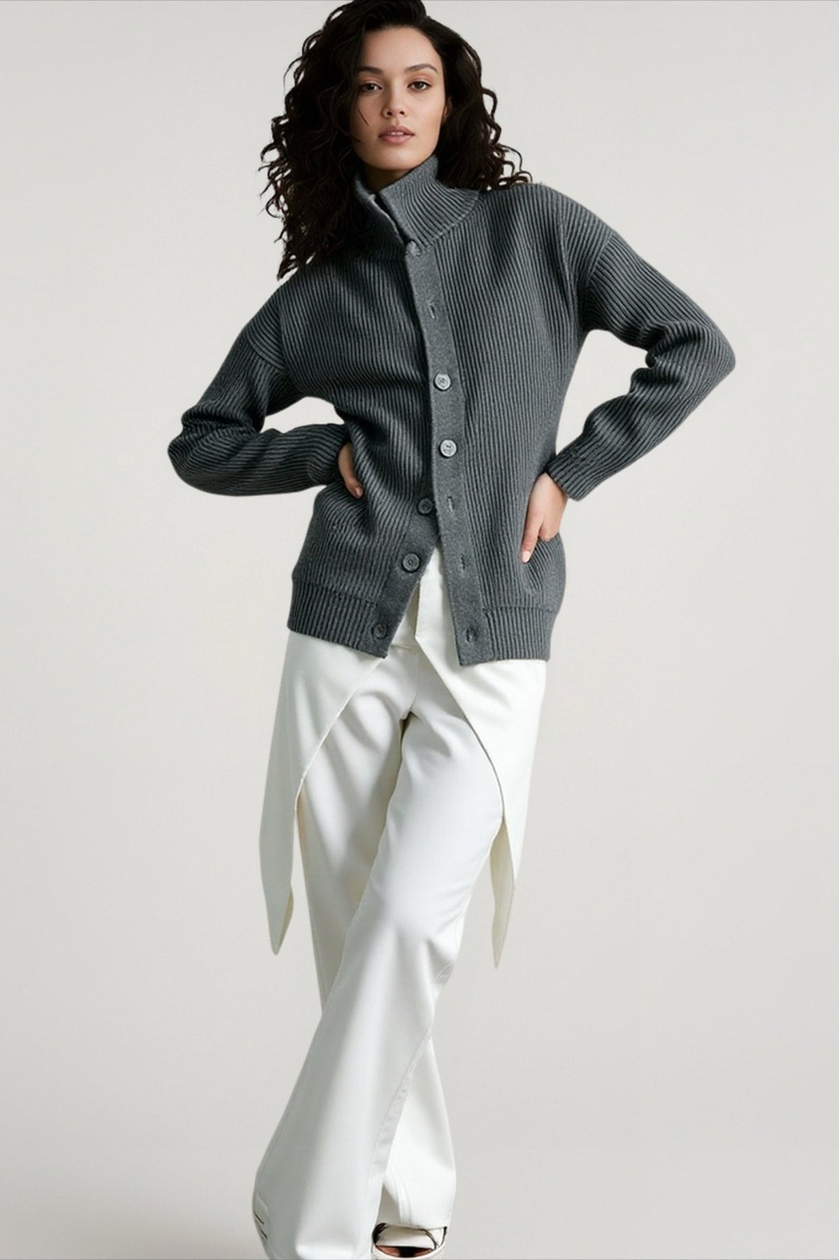 High Neck Button Front Ribbed Knit Oversized Cardigan 4