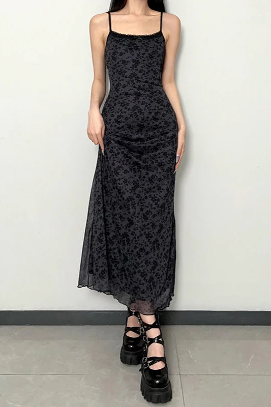 Mesh Floral Print Lace Trim Spaghetti Strap Ankle Length Maxi Dress