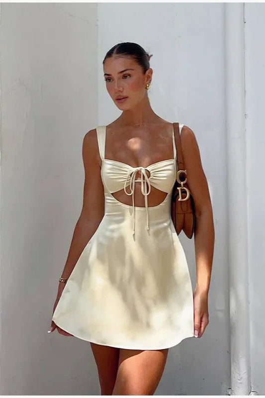 Satin Sweetheart Cut Out Tie Front Wide Strap Ruched Mini Dress - View 2