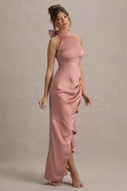 Satin High Neck Bow Back Ruched Ruffle High Split Gown - View 5