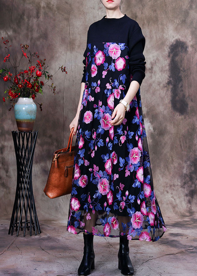Floral Embroidered Mesh Overlay Long Sleeve Knit Maxi Dress - View 3