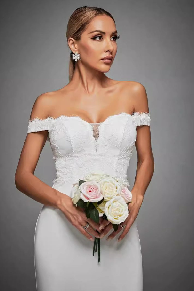 Off Shoulder Lace Bustier High Split Mermaid Prom Gown - View 2
