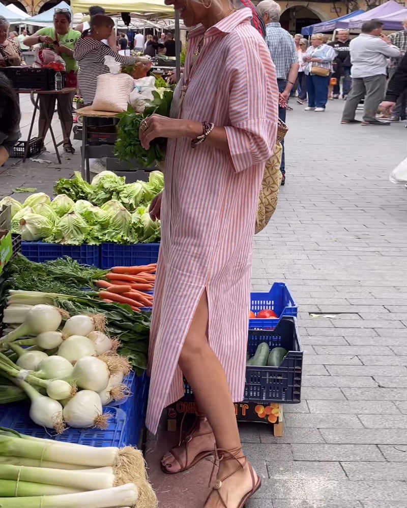 Striped Button Down Collared Three Quarter Maxi Shirt Dress - View 6