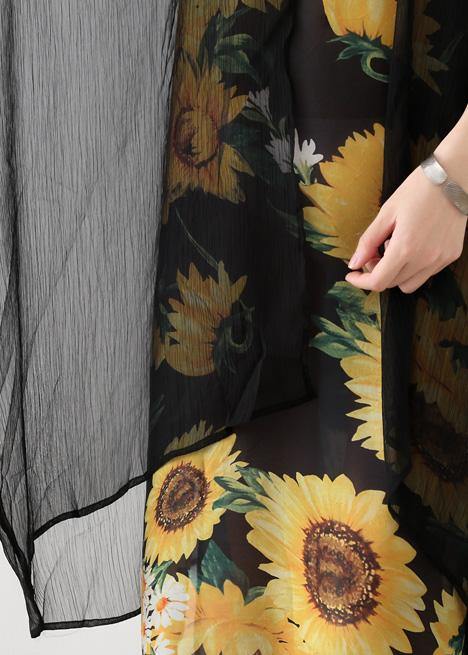 Faux Two-Piece Sunflower Print Sheer Overlay Kimono Sleeve Maxi Dress - View 5
