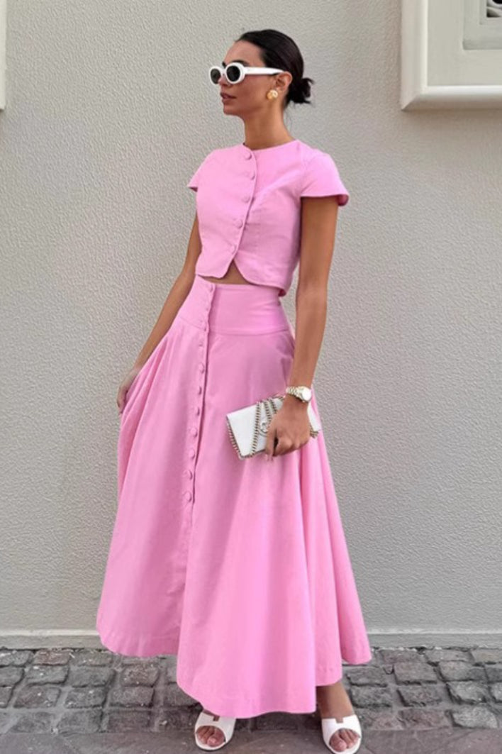 Elegant A Line Skirt Pink Tweed Style Two Piece Set